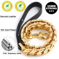 Camina personalizada de perros de 32 mm de 32 mm Cadena de perros de oro para perros grandes Cadena de correa de mascota de acero inoxidable con mango acolchado de cuero